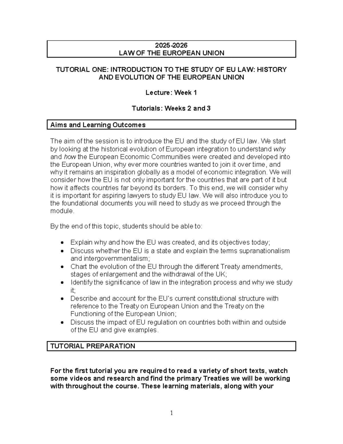 LAW OF THE EUROPEAN UNION TUTORIAL 1: INTRODUCTION TO EU LAW - Studocu