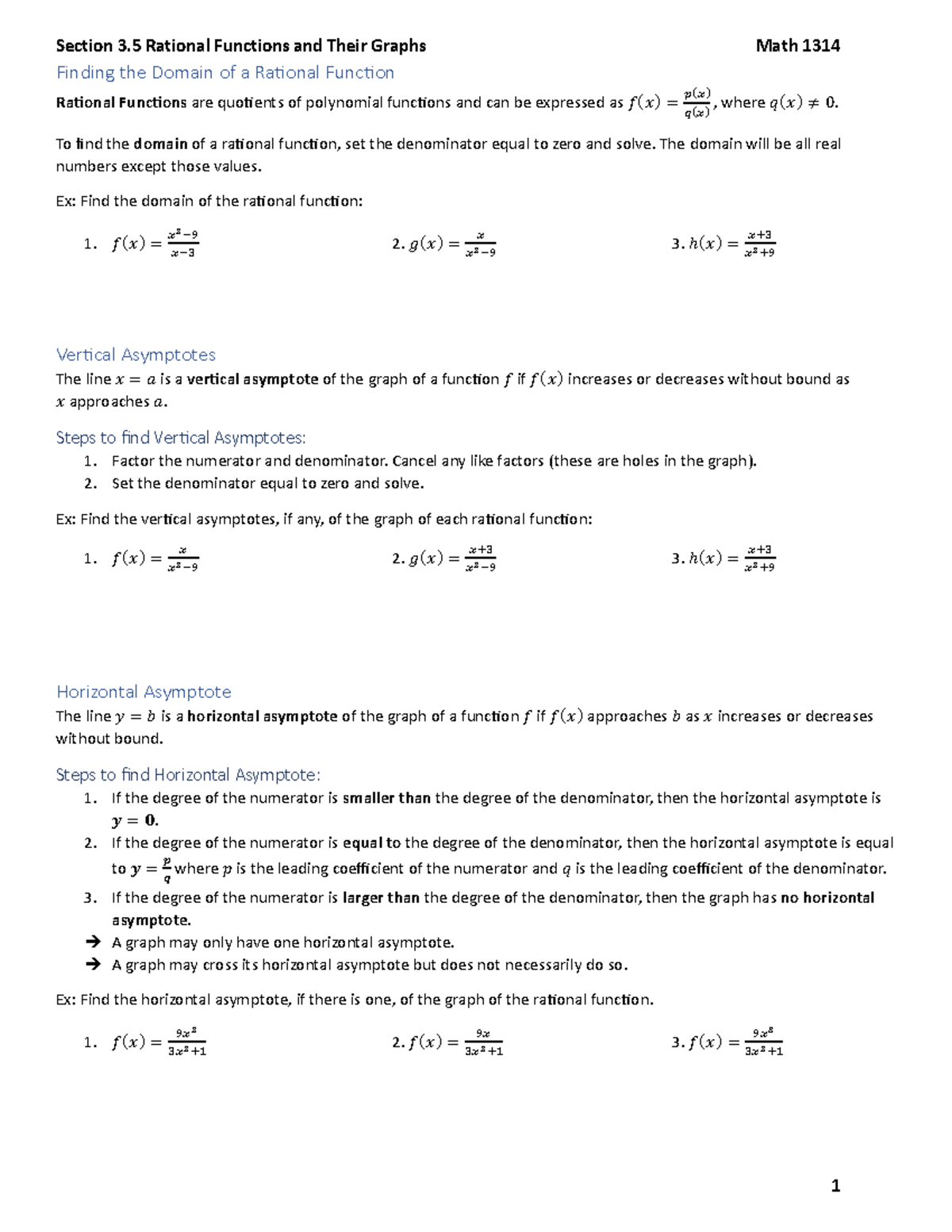 Rational Functions and Their Graphs Notes Math 1314 - Studocu
