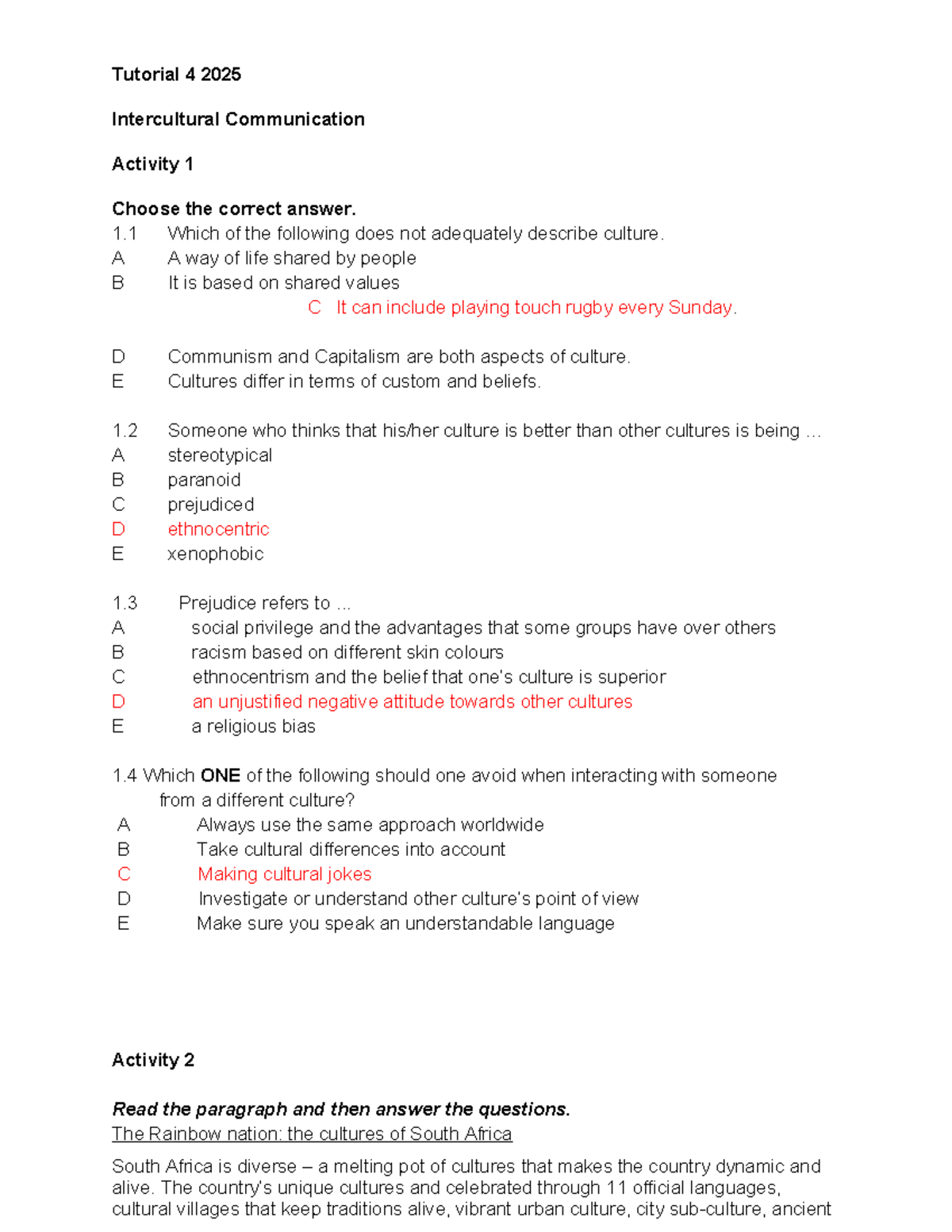 Tutorial 4 2025 Intercultural Communication Practice Memo - Studocu