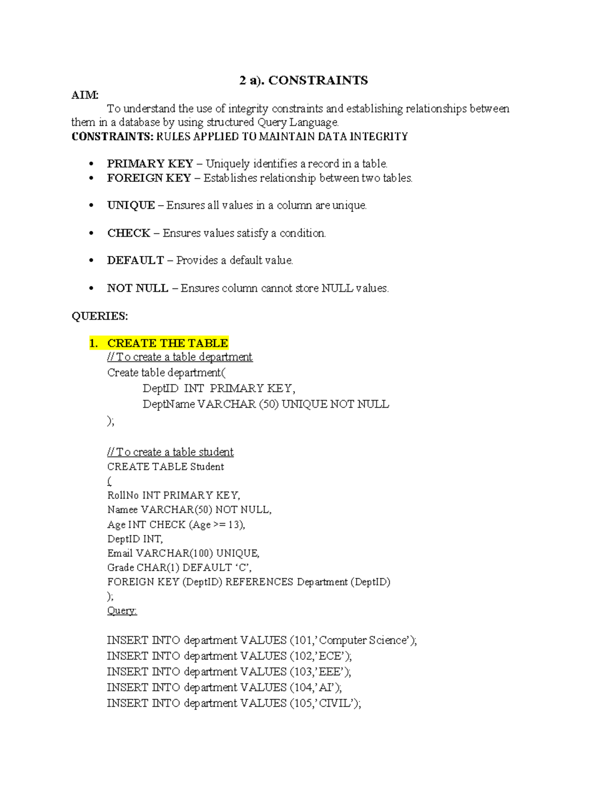 SQL Integrity Constraints and Relationships - Exp 2 Lab - Studocu