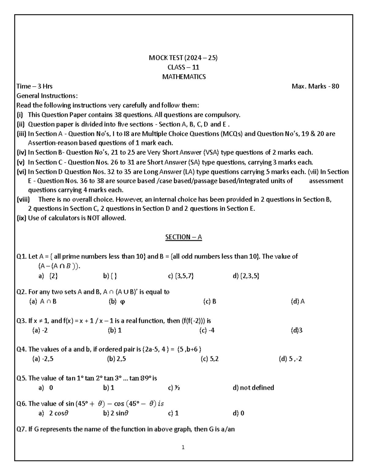 Maths Class 11 MOCK TEST (2024-25) - Comprehensive Exam Guide - Studocu