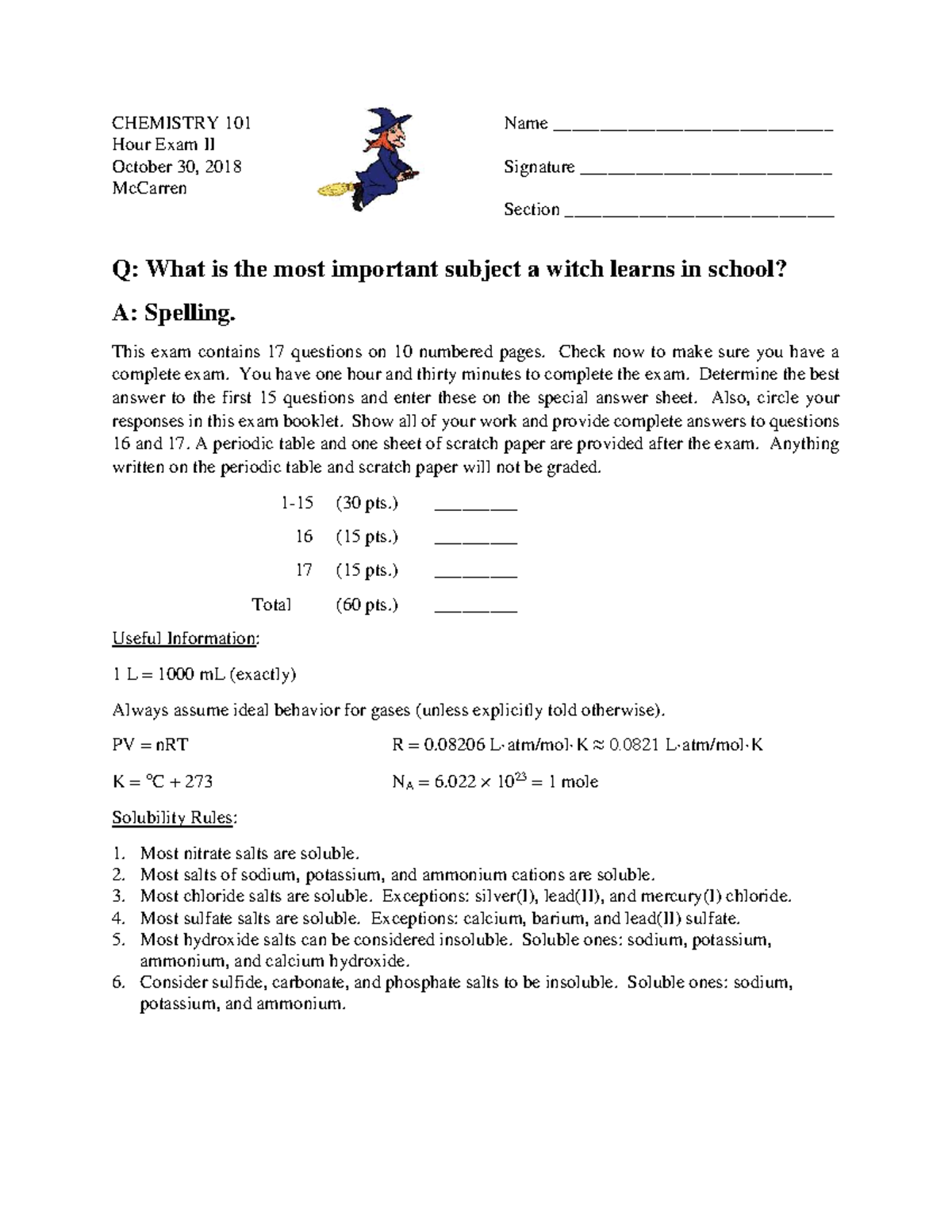 Chemistry 101 Hour Exam II - Fall 2018 - Studocu