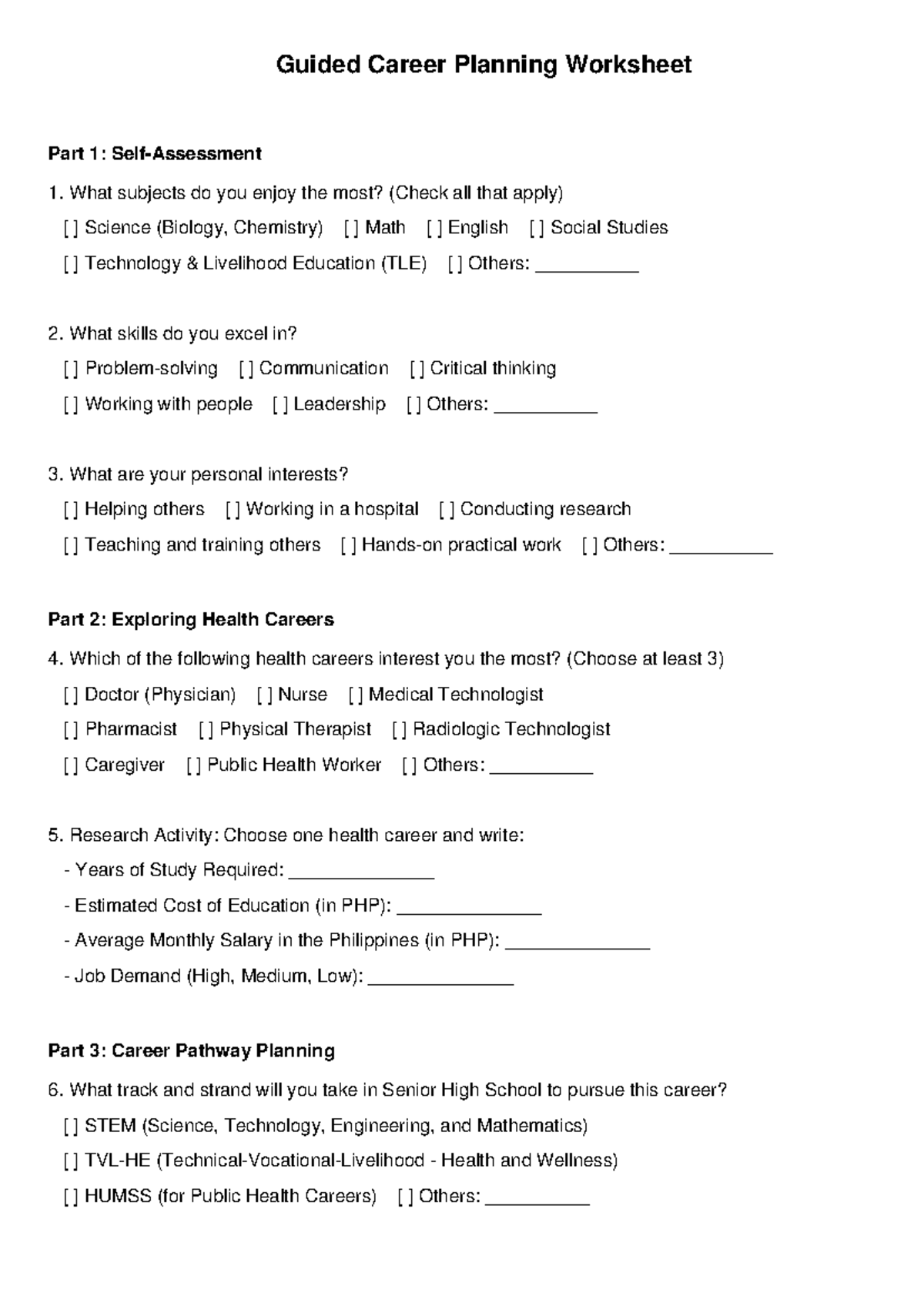 Career Research Worksheet For Highschool Students