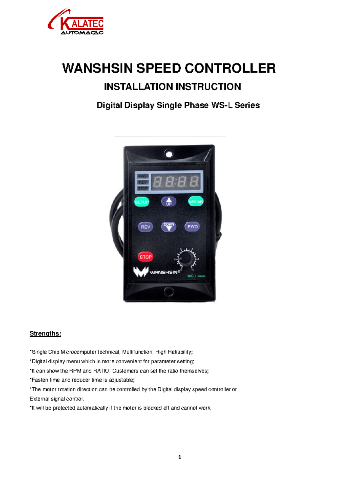 WS-L Manual: Digital Display Speed Controller Installation Guide - Studocu