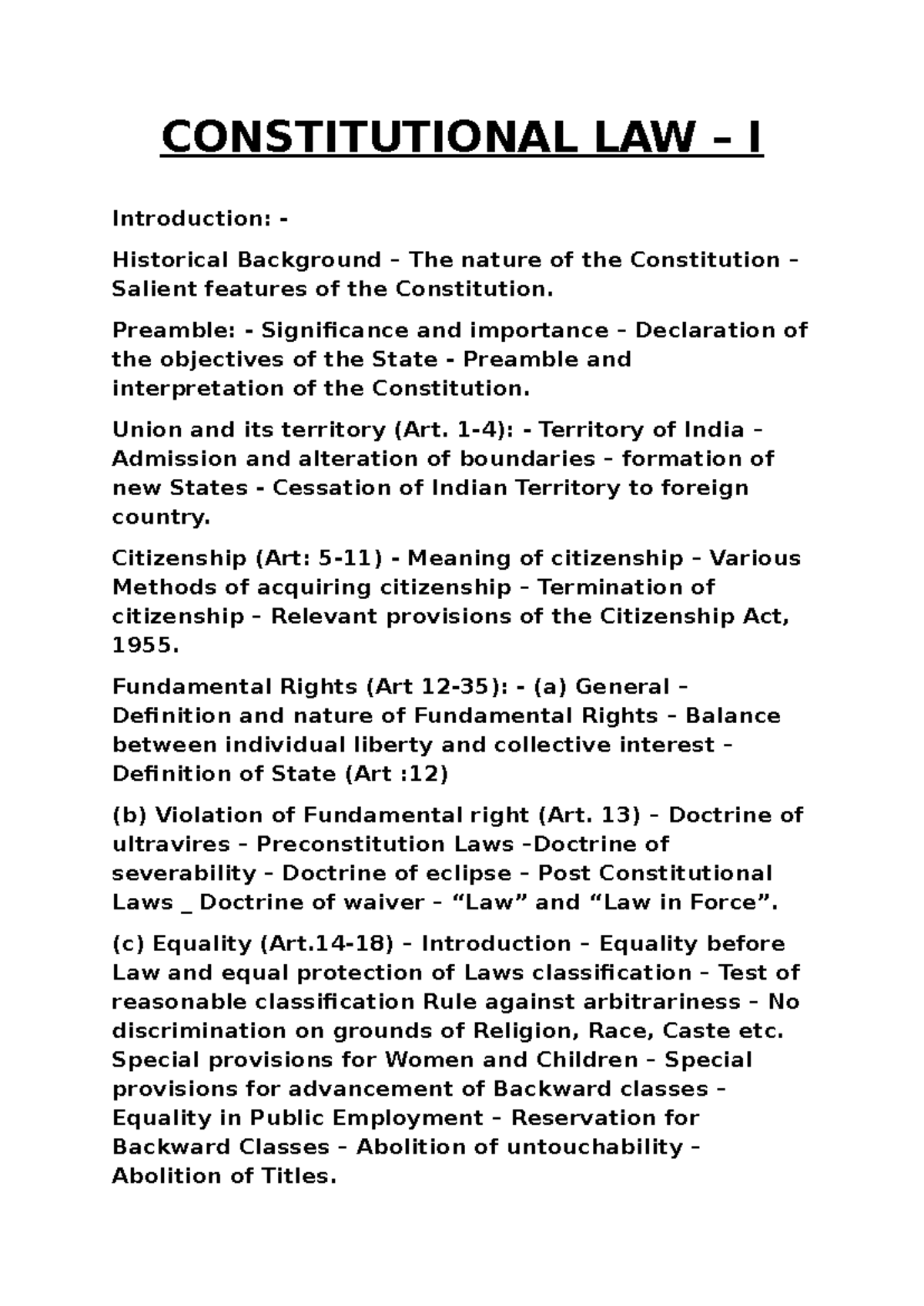 Constitutional Law I - Comprehensive Notes on Key Concepts and Rights ...
