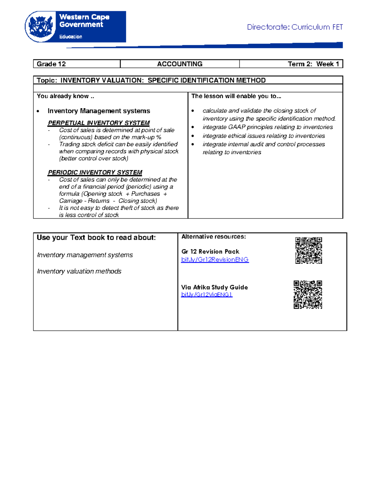 Accounting Grade 12 Term 2 Week 1: Inventory Valuation Methods - Studocu