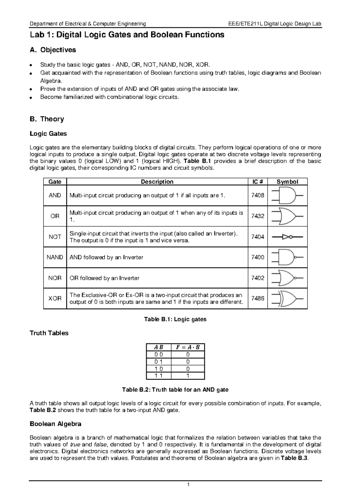 Lab 1 Digital Logic Gates and Boolean Functions - Objectives Study the ...