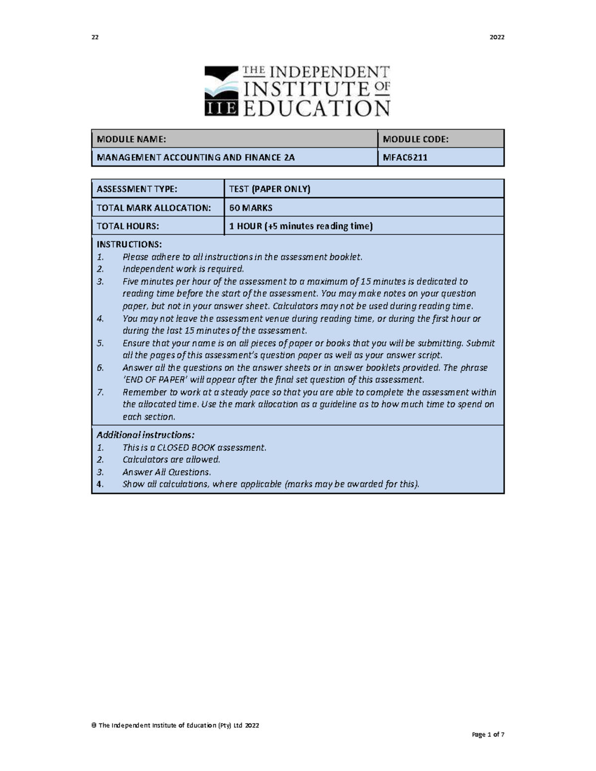 MFAC6211 Management Accounting & Finance 2A Test 2022 - Studocu