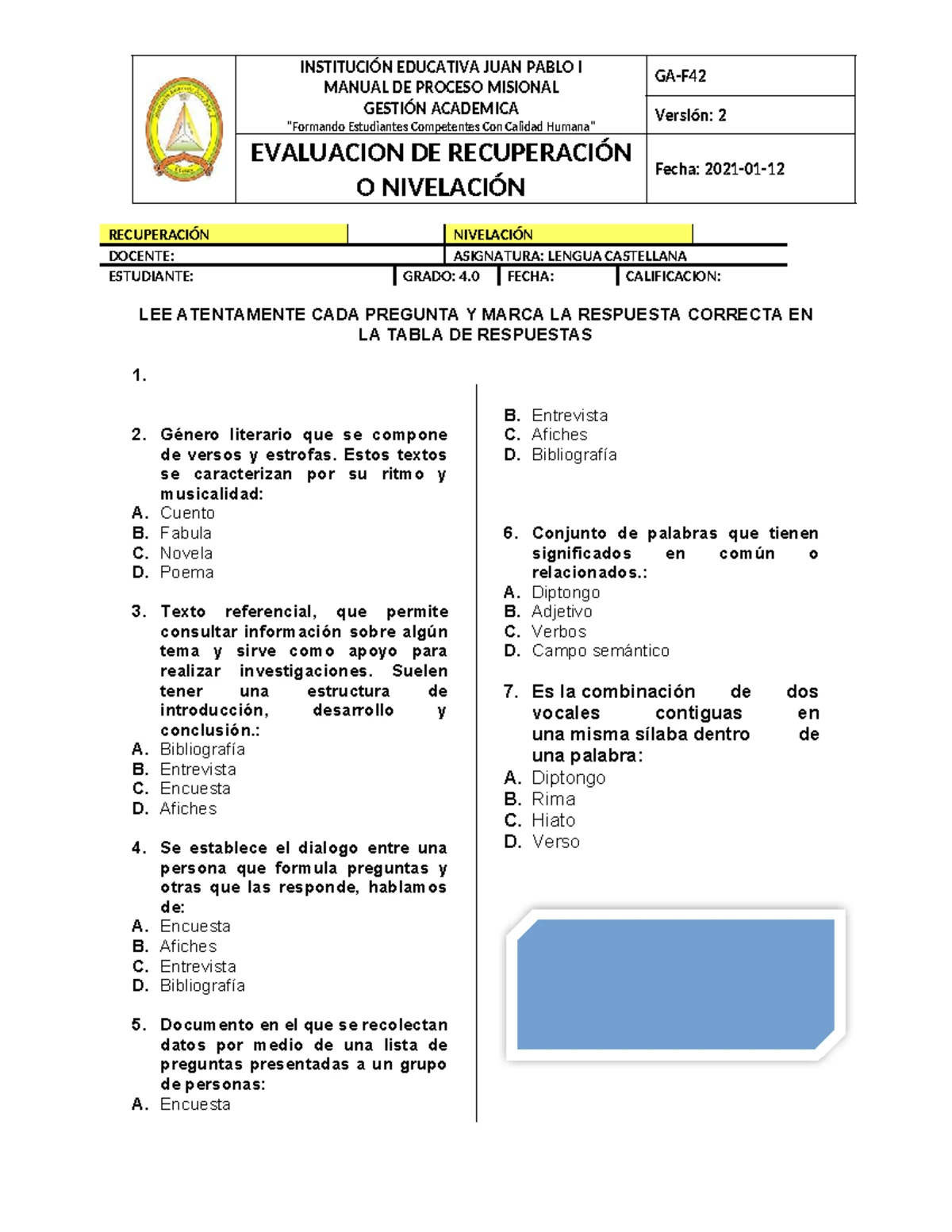 EVALUACIÓN FINAL DE PERIODO MATEMÁTICAS 4TO GRADO 2025 - Studocu