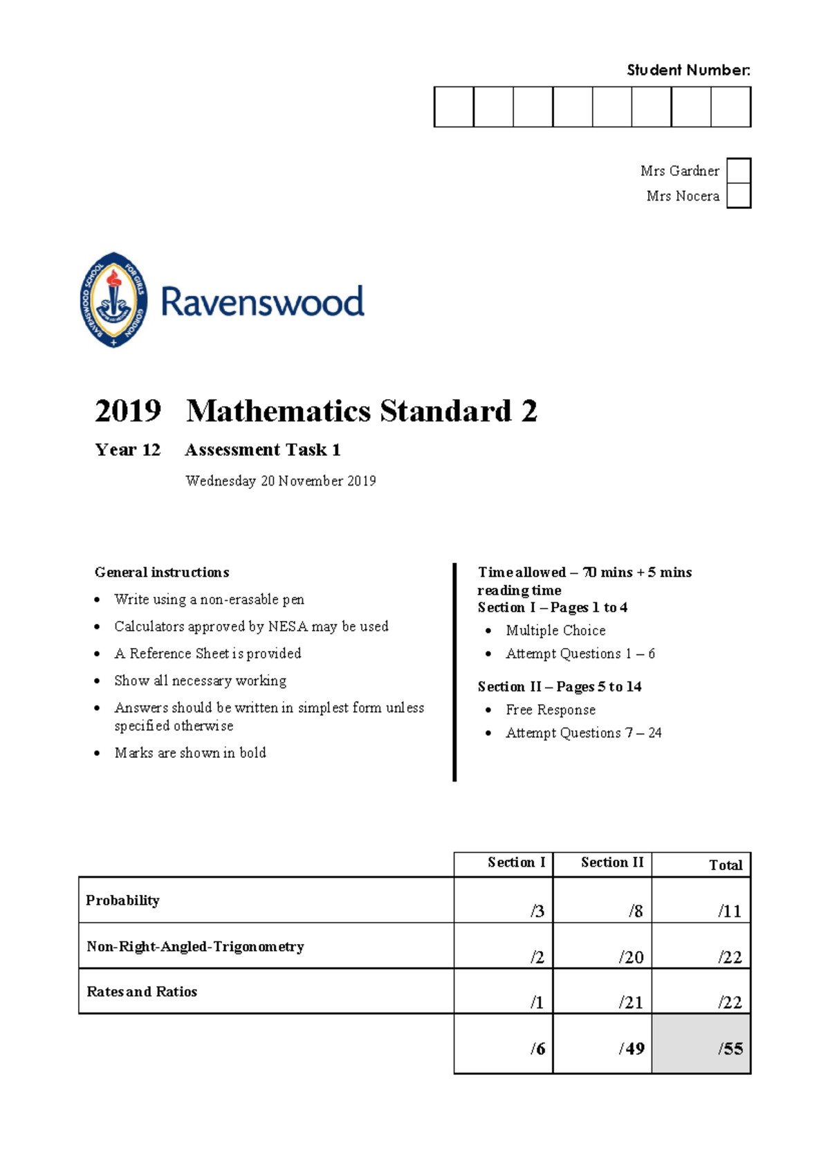 2019 Year 12 Mathematics Standard 2 Assessment Task 1 Paper - Studocu