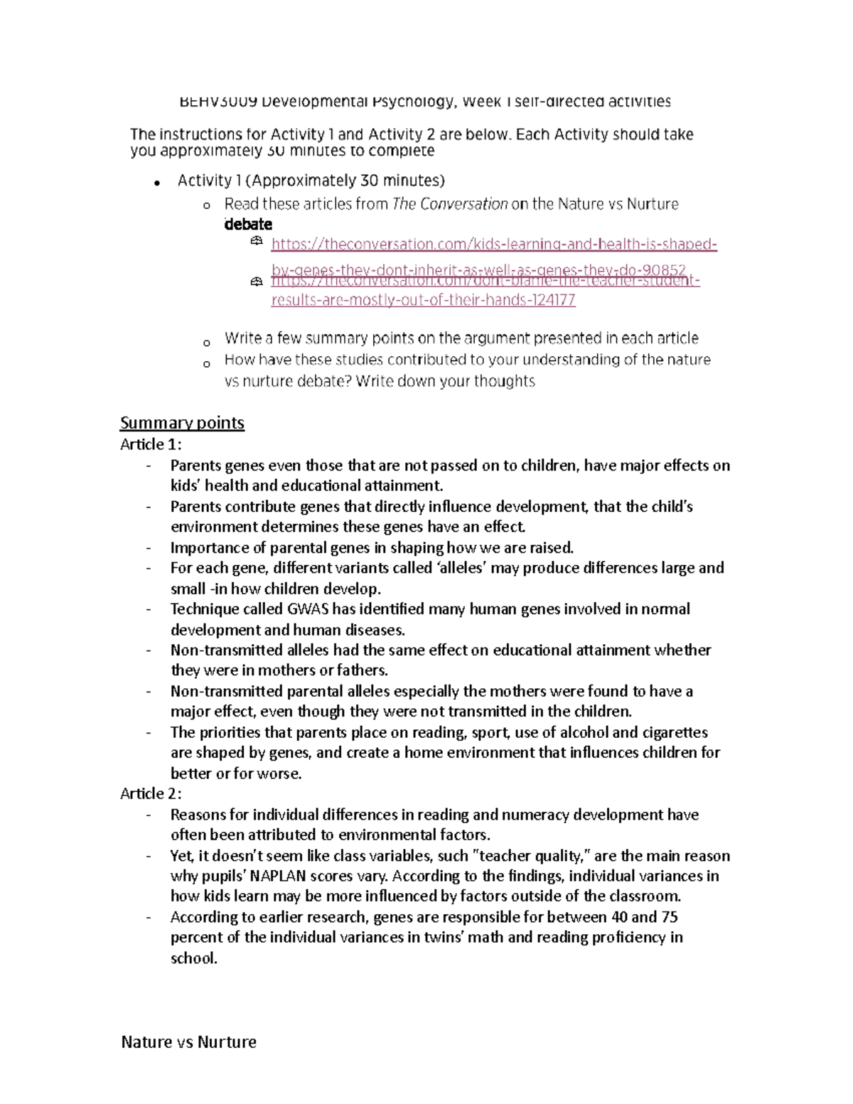 Developmental Psychology Module 1 - Disucssion Post - o o o Summary ...