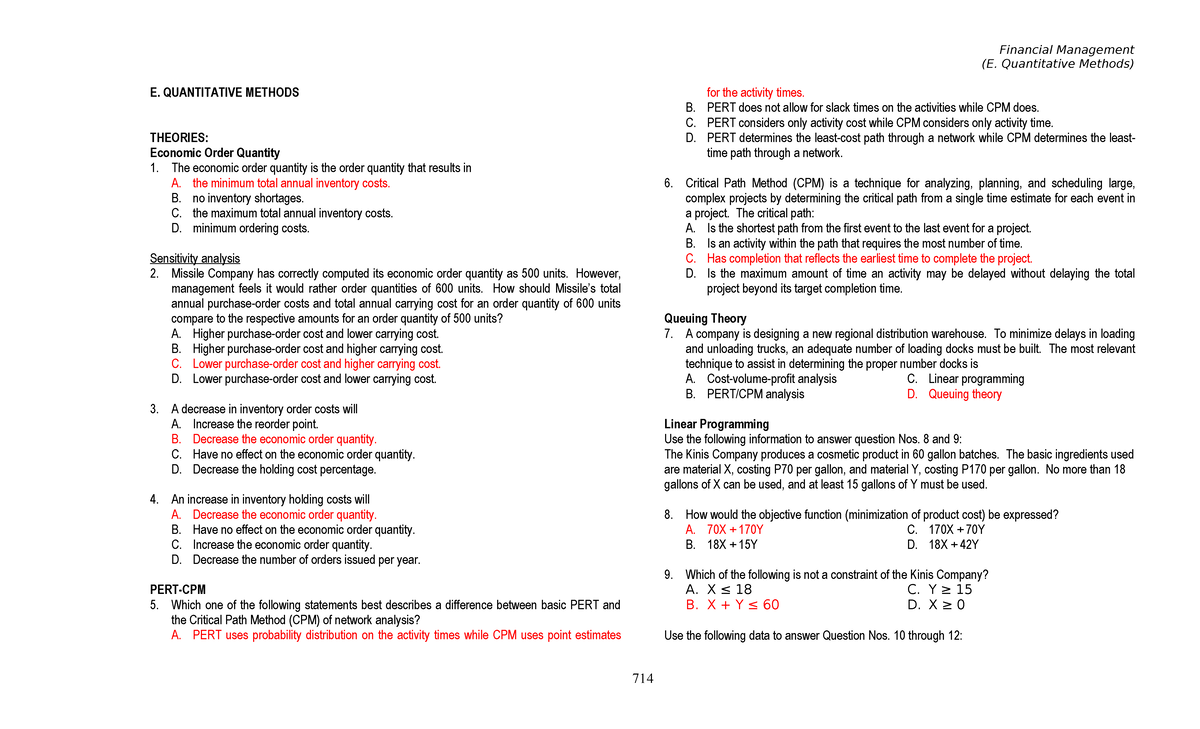 Financial Management (E. Quantitative Methods) Study Guide - Studocu