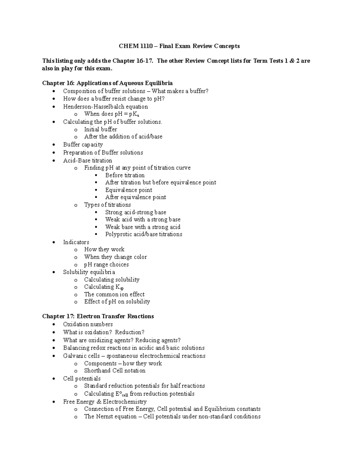CHEM 101 Final Exam Review: Aqueous Equilibria & Redox Reactions - Studocu
