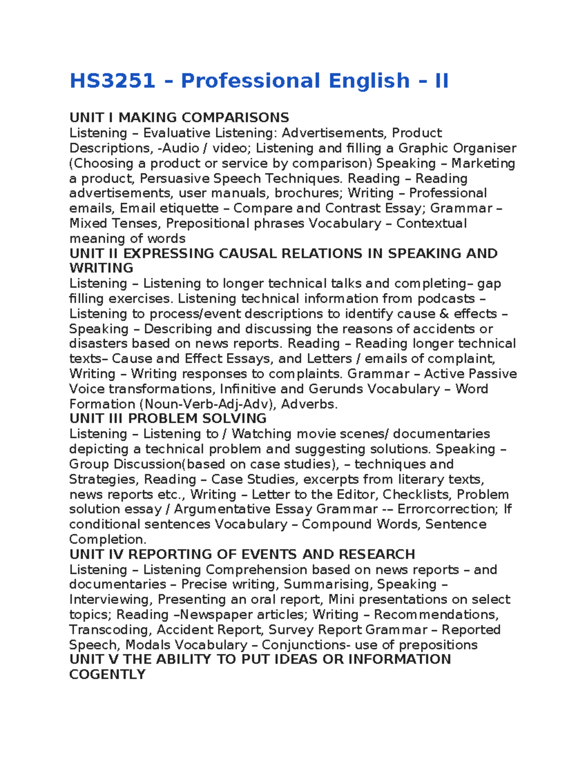 Hs3251 Professional English Ii Comprehensive Unit Overview And Skills