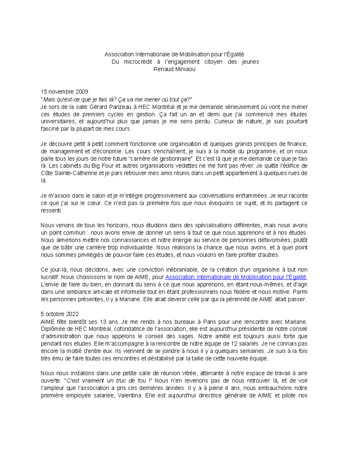 Cas AIME : Évolution et Impact de l'Association Internationale de ...