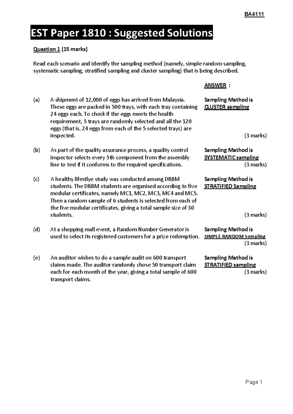 Suggested Solutions for EST Paper 1810: Sampling Methods ...