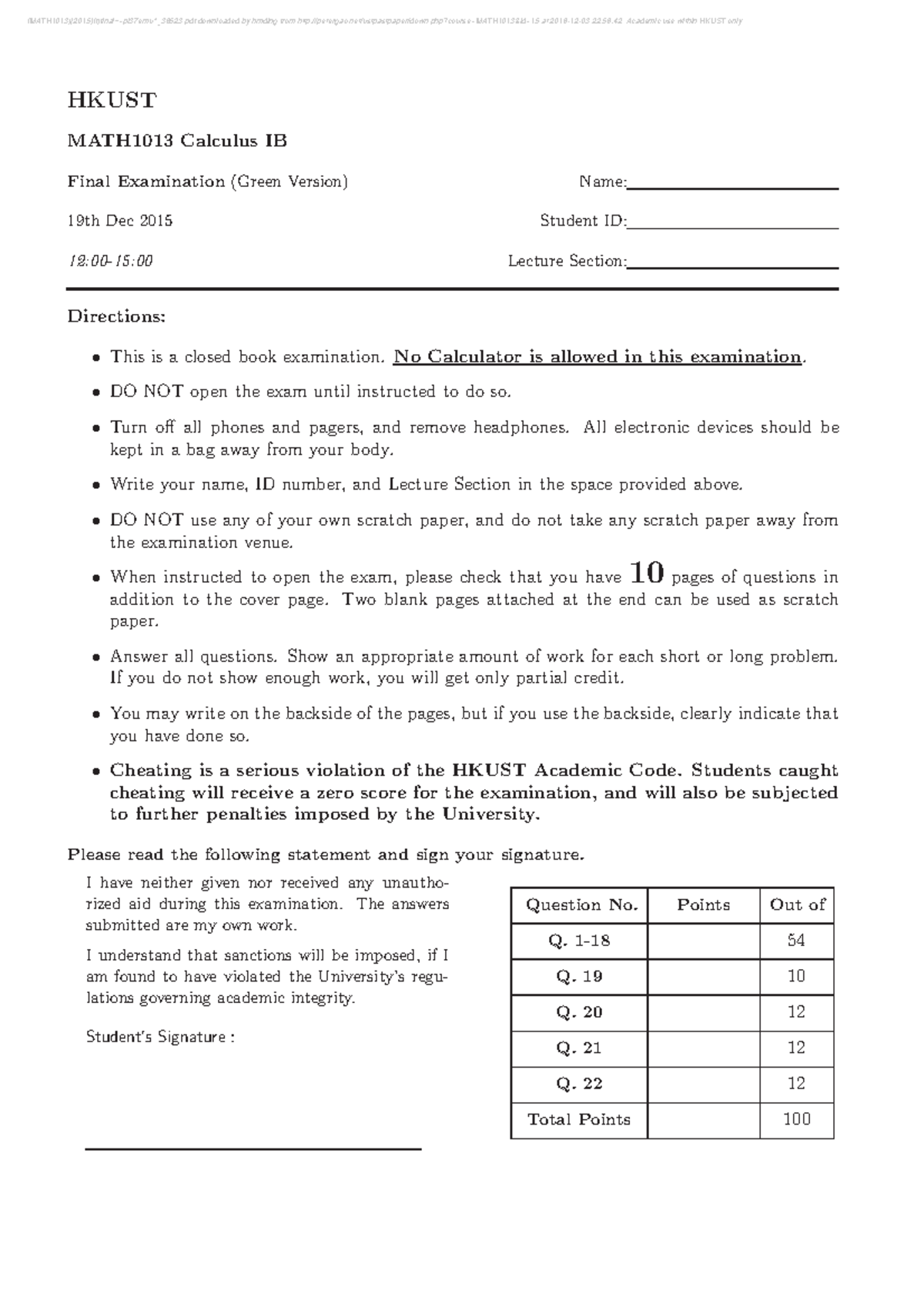 MATH1013 Final Exam Questions - Calculus IB - Dec 2015 - Studocu