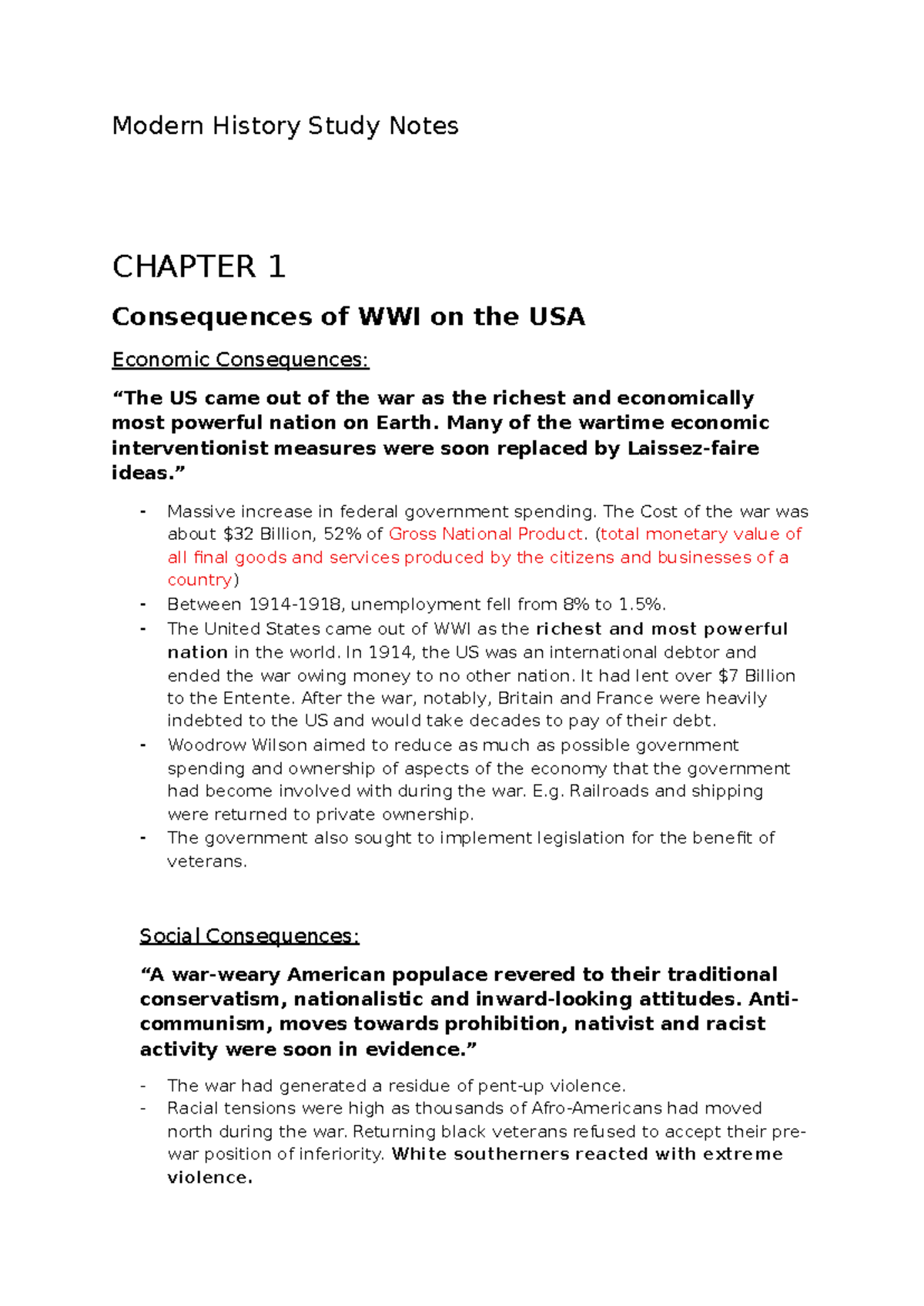 Modern History Study Notes: CHAPTER 1 - Impact of WWI on the USA - Studocu