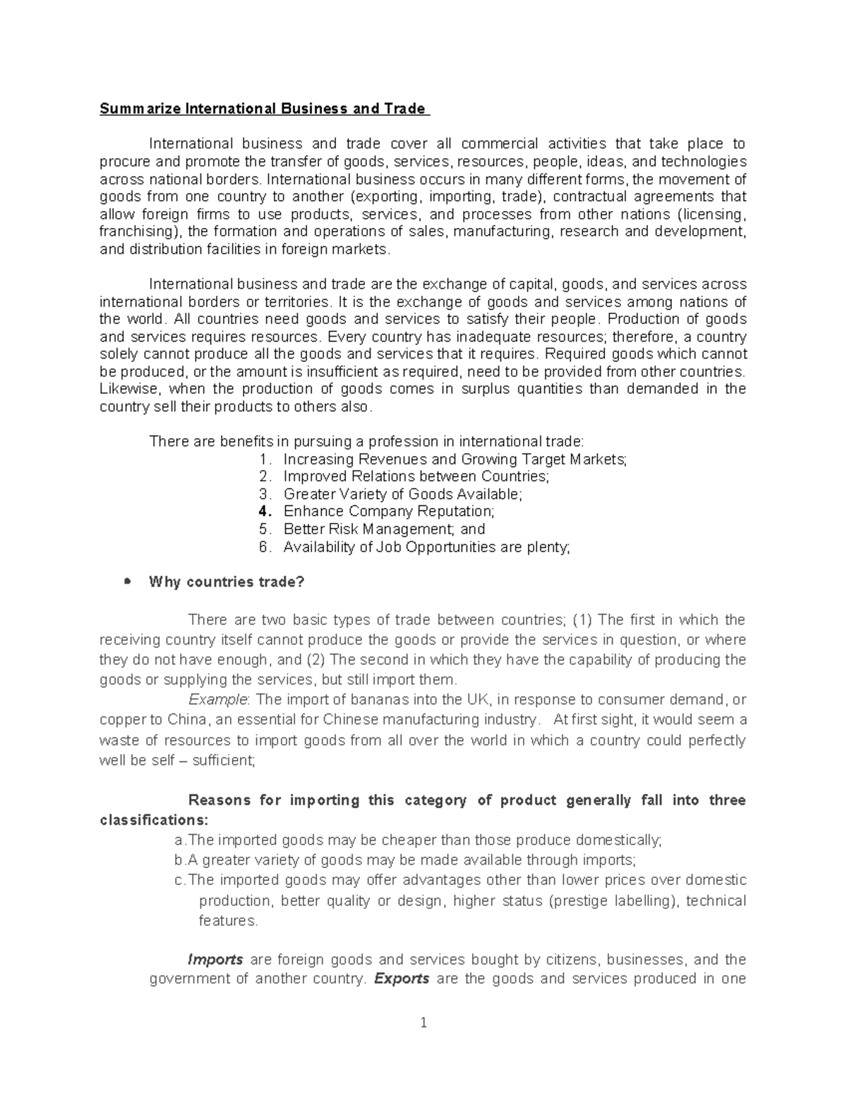 IBT 1 - IBT - Summarize International Business and Trade International ...