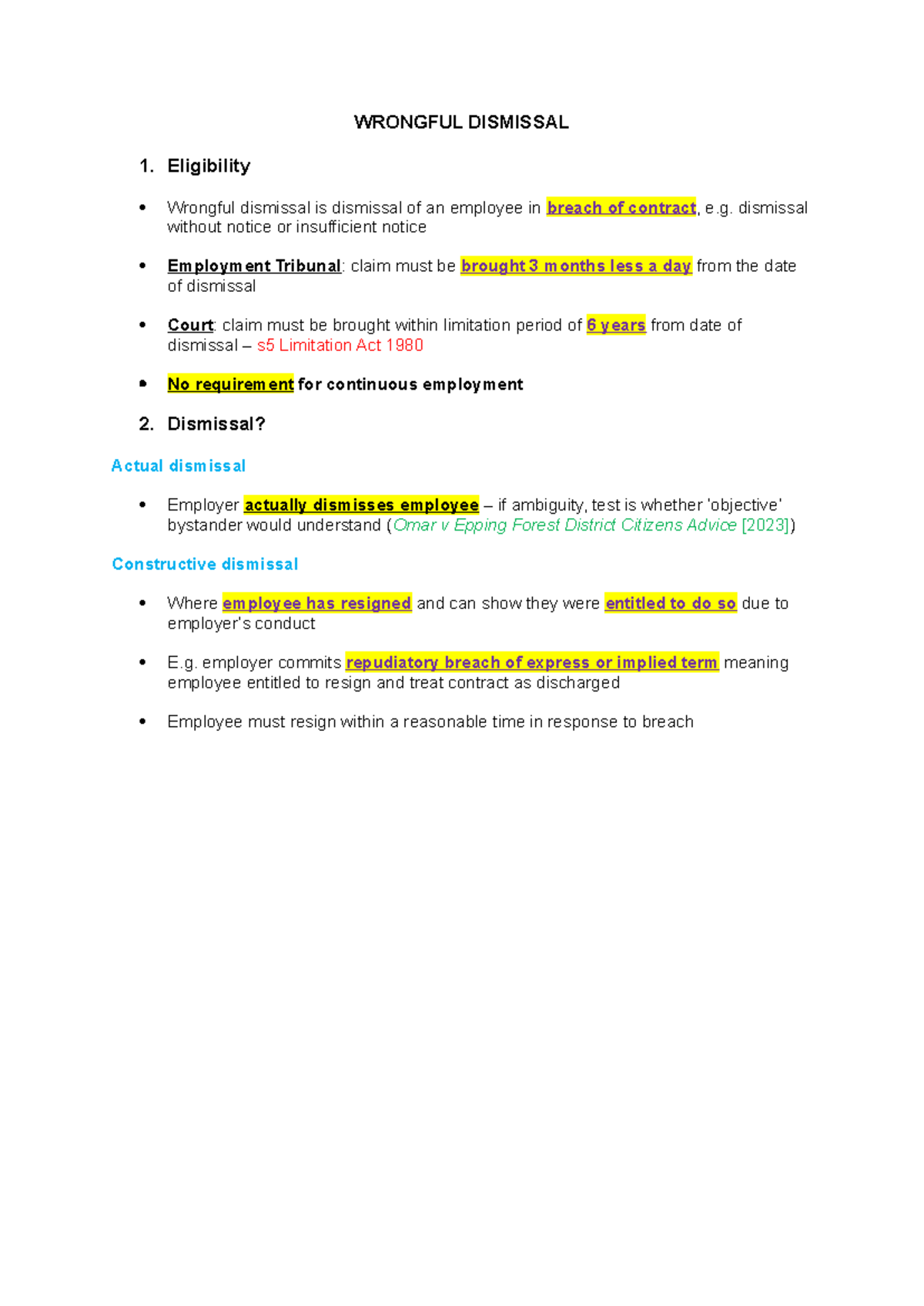 Wrongful Dismissal - Lecture notes - WRONGFUL DISMISSAL 1. Eligibility ...