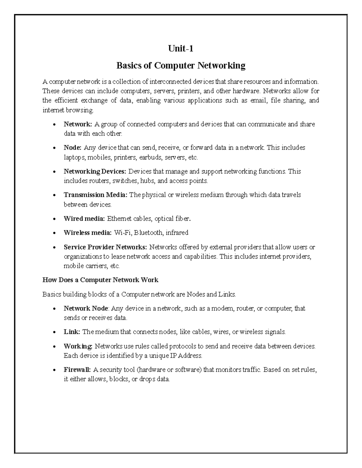 Unit-1: Lecture Notes on Computer Networking Basics - Studocu