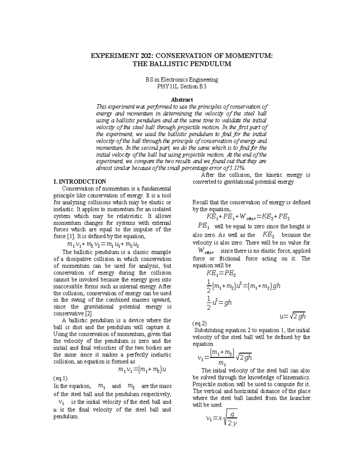 Kinematics - EXPERIMENT 202: Ballistic Pendulum and Momentum ...