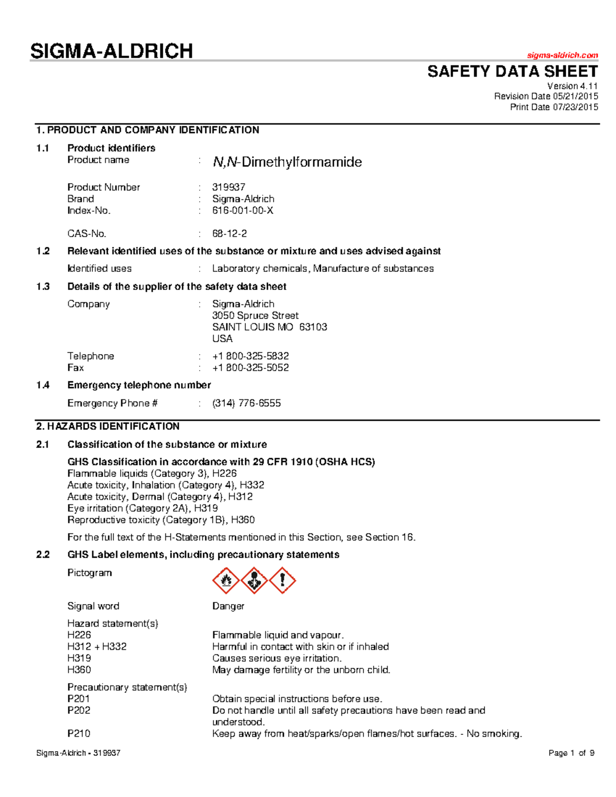 N,N-Dimethylformamide MSDS - Safety Data Sheet 319937 Update - Studocu