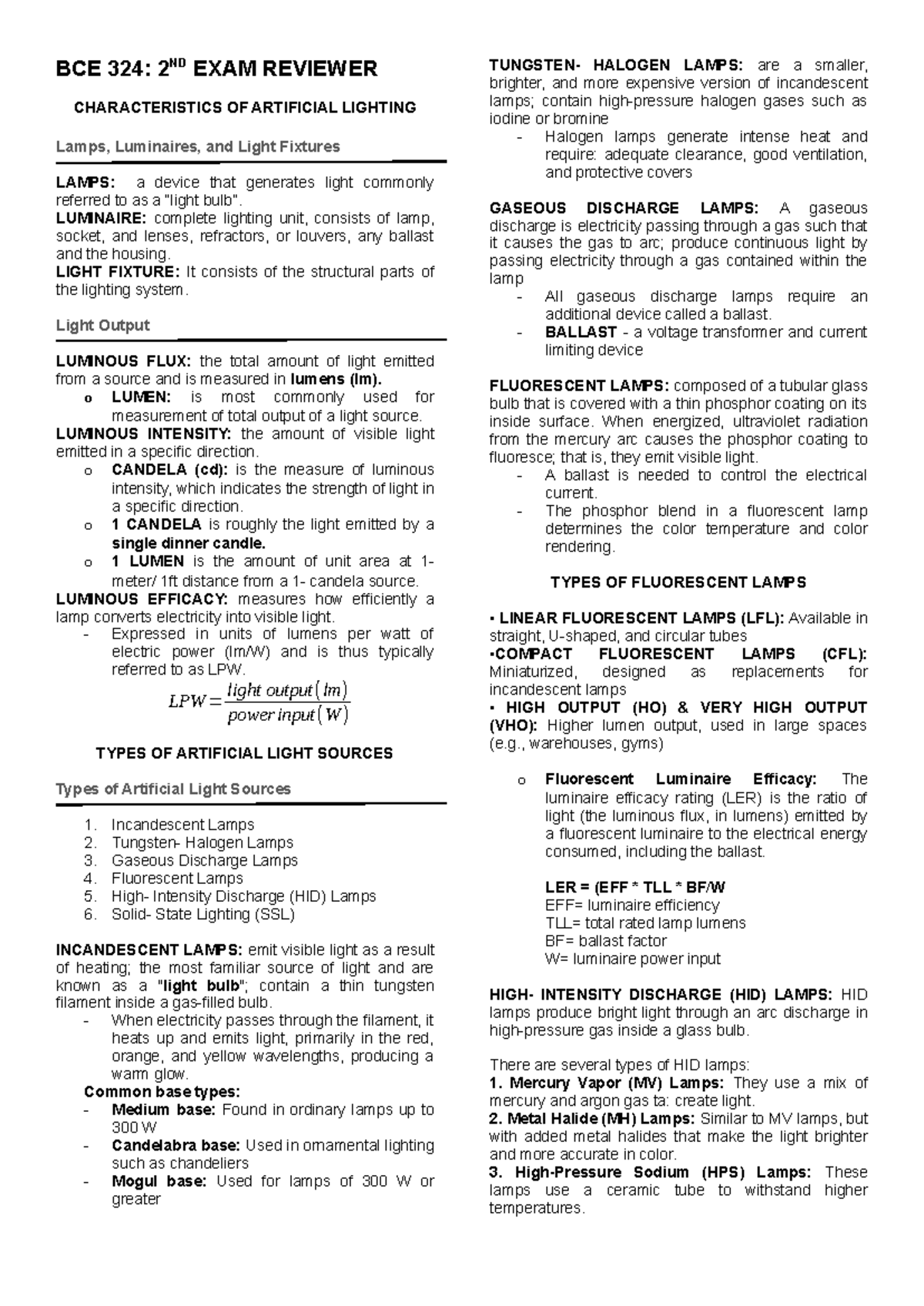 BCE 324: 2ND EXAM REVIEWER ON ARTIFICIAL LIGHTING & LUMINAIRE TYPES ...