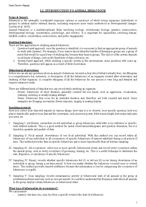 Animal Behaviour Lecture 1 Notes - Introduction Animal Behaviour is a ...