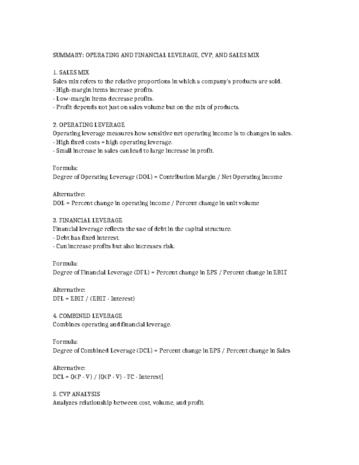 Leverage and CVP Summary: INTACC Lecture Notes - Studocu