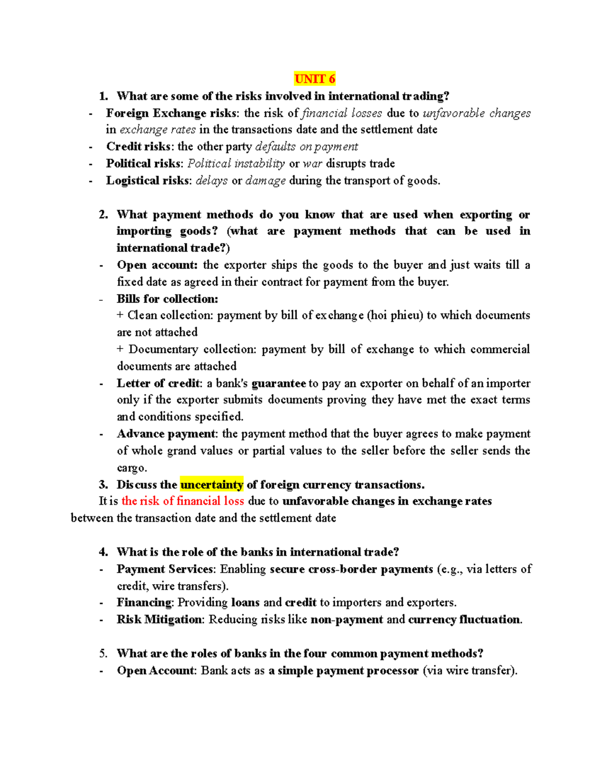 International Trade Risks and Payment Methods - Final Exam Notes - Studocu
