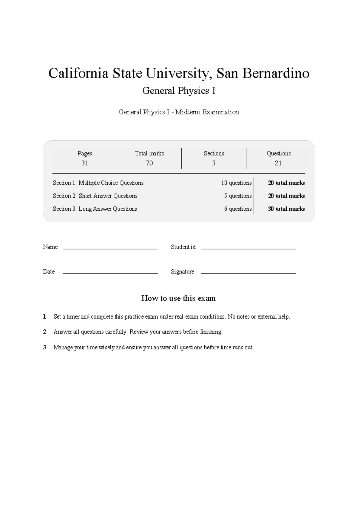 PHYS 221 General Physics I Midterm Exam Practice Questions - Studocu