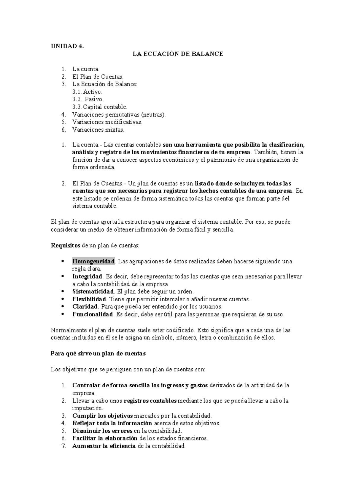 Unidad 4: La Ecuación de Balance y el Plan de Cuentas - Studocu