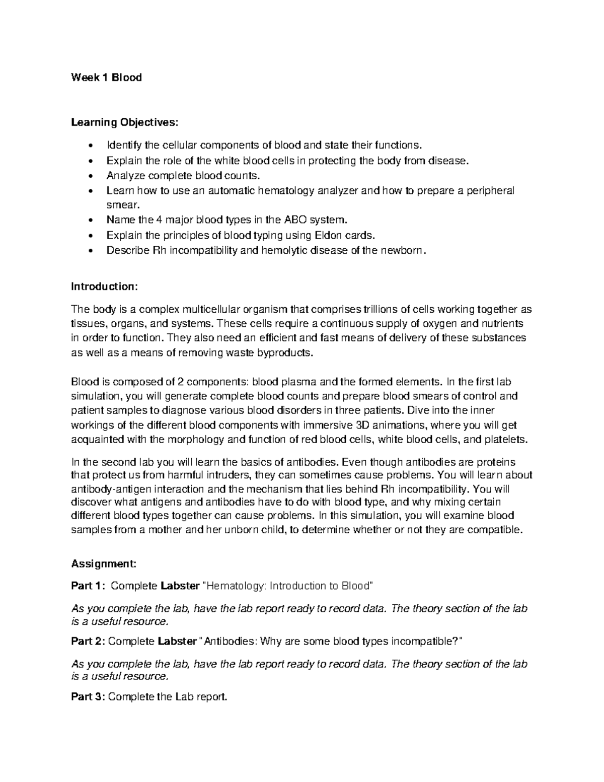 Lab Report: Week 1 - Introduction to Blood & Antibodies in Hematology ...