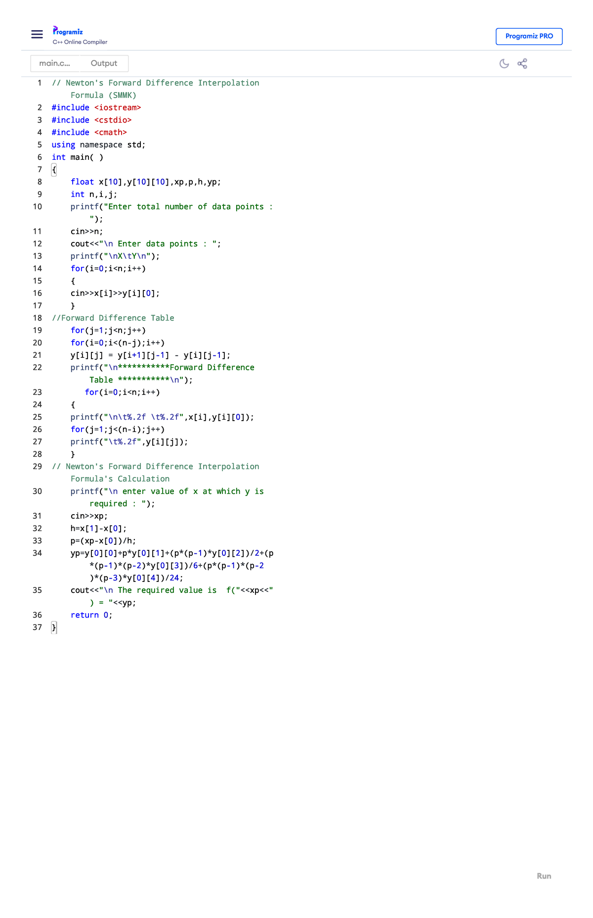 Newtons interpolation - C++ Online Compiler Programiz PRO main ...