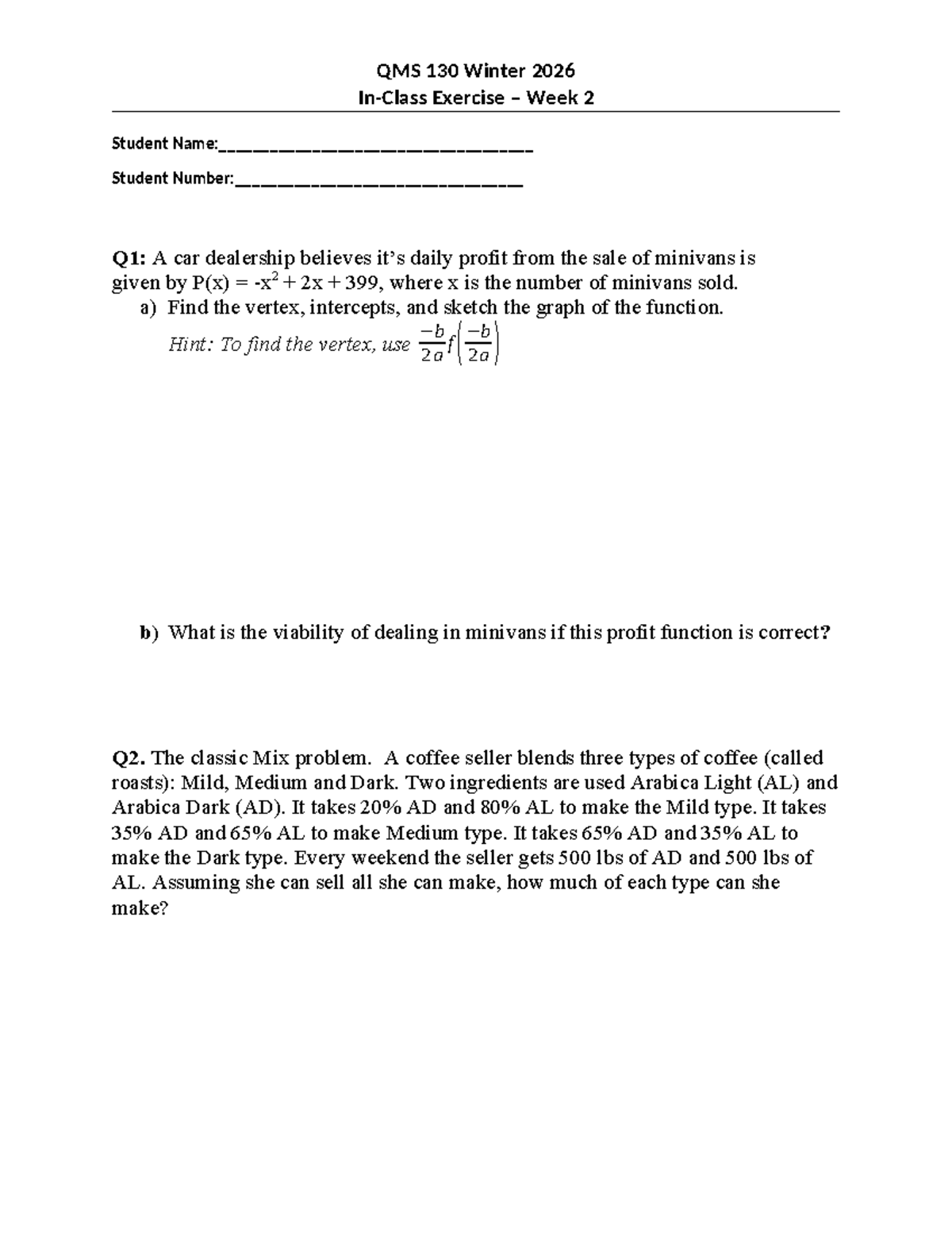 QMS 130 Winter 2026 In-Class Exercise Week 2 Analysis - Studocu