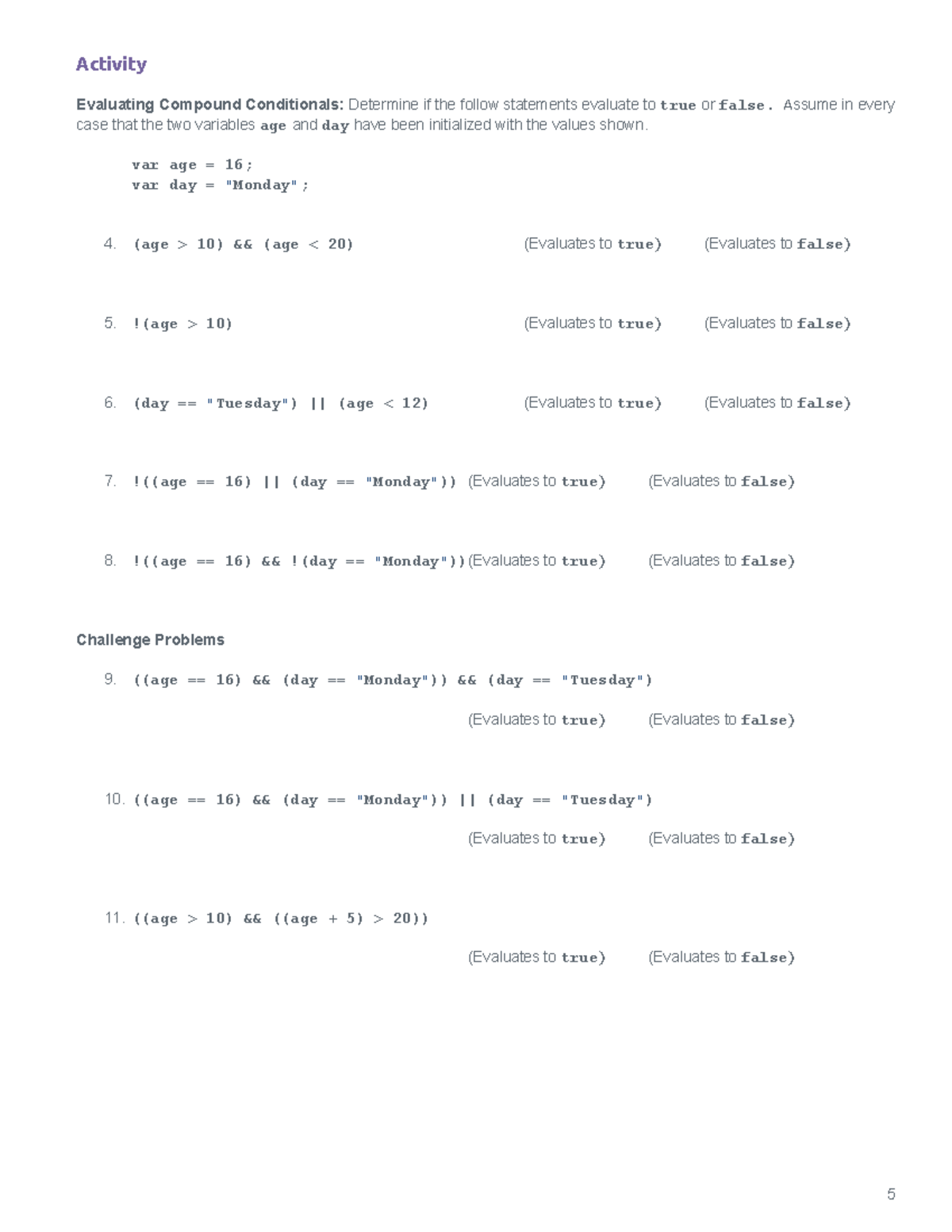 Boolean Operators Worksheet - Activity Evaluating Compound Conditionals ...