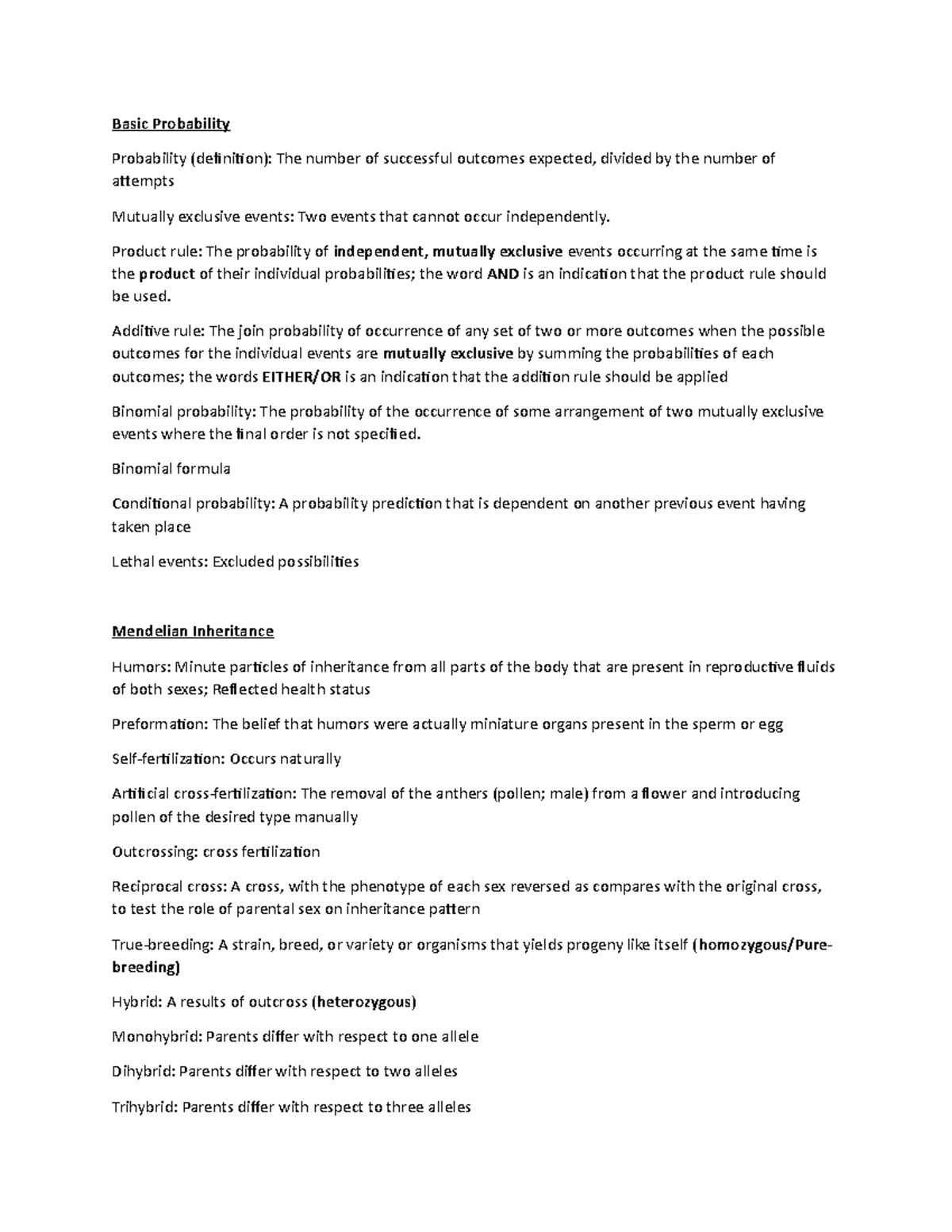 GENE302 Keywords: Probability & Mendelian Inheritance Concepts - Studocu