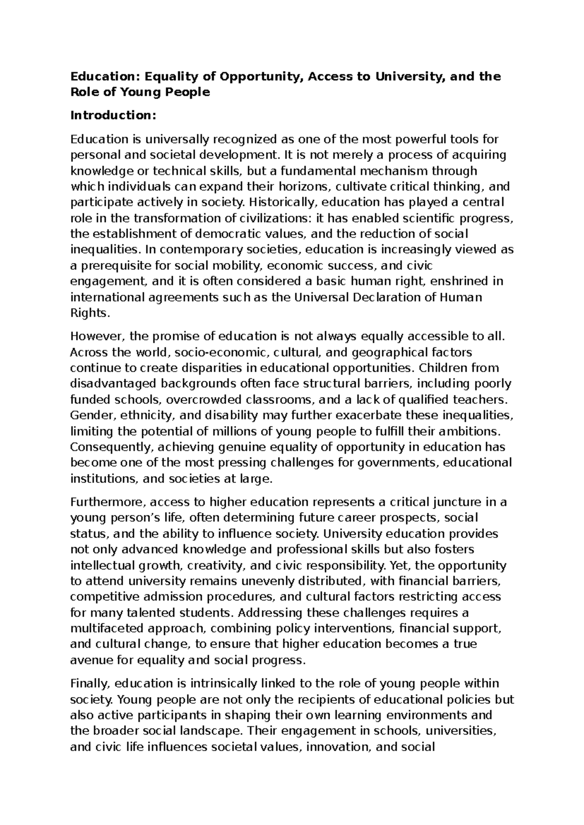 EDU 101: Equality of Opportunity & Access to University for Youth - Studocu