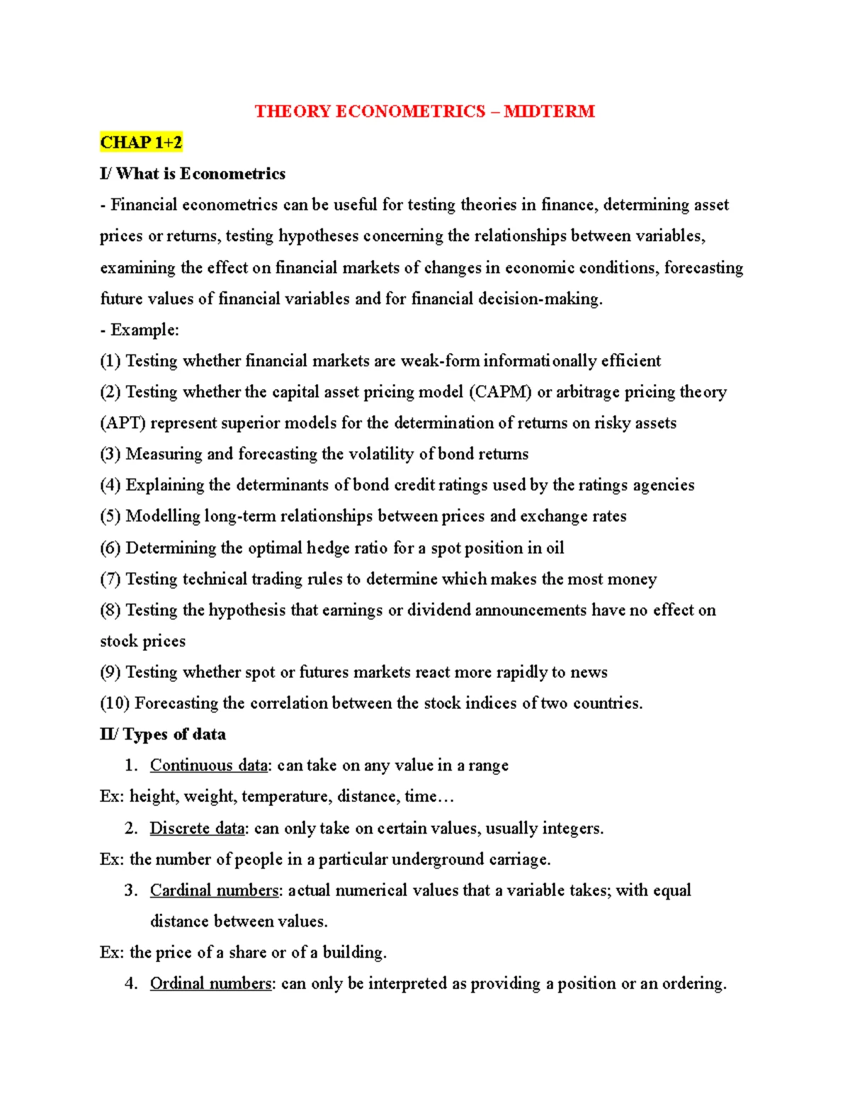 Theory Econometrics - Final Exam: Classical Linear Regression Model ...