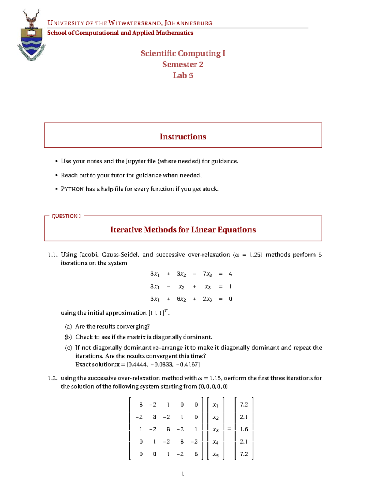 Lab 5 - Iterative Methods for Linear Equations (SC I Sem 2) - Studocu