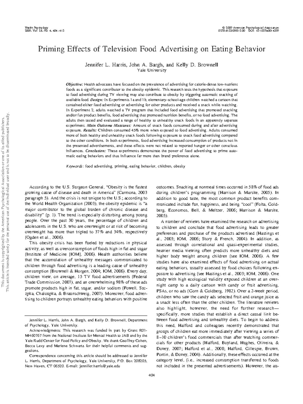 Priming Effects of Food Ads on Eating Behavior in Kids & Adults (PSY ...