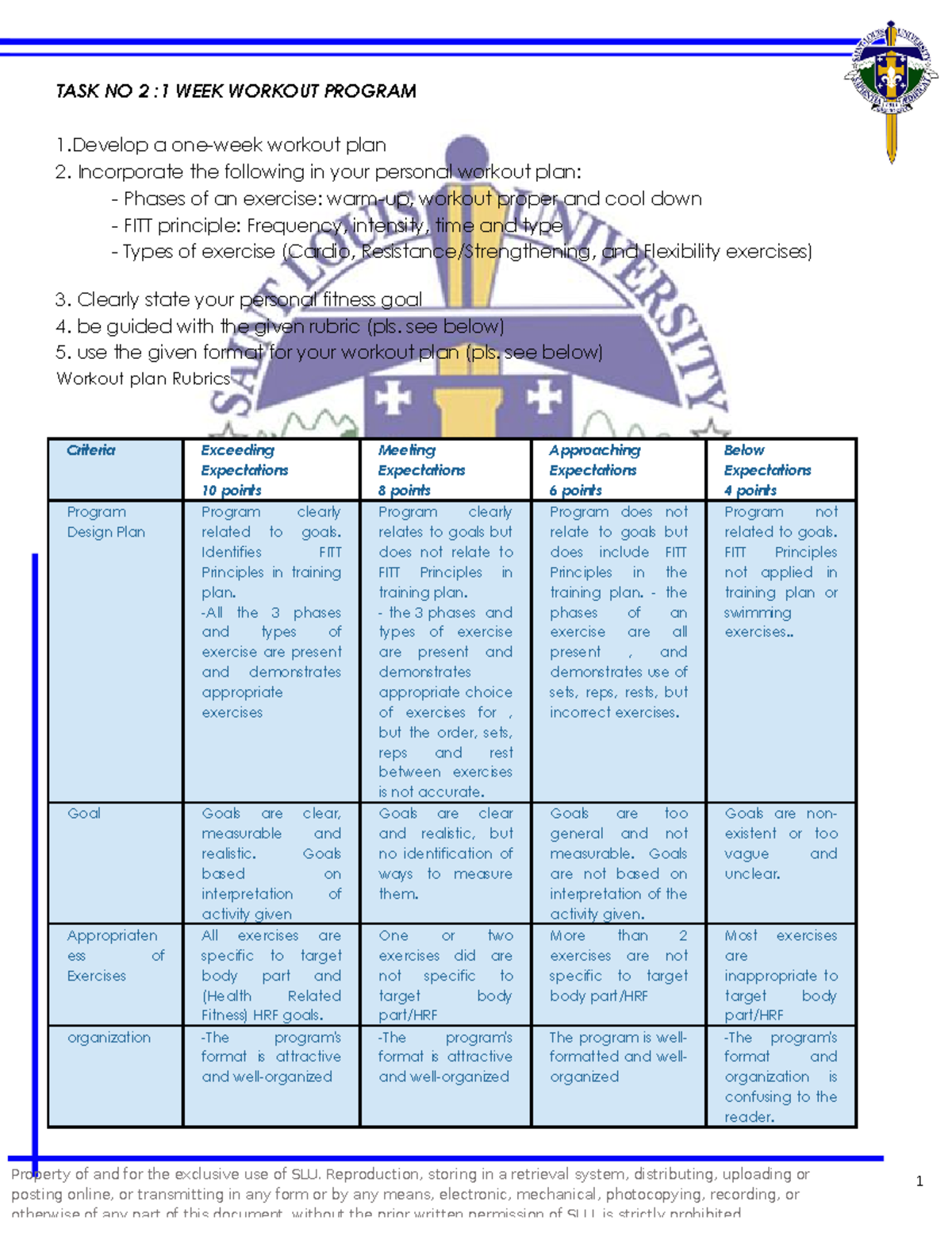 AQ: One-Week Workout Program Plan with Fitness Goals - Studocu