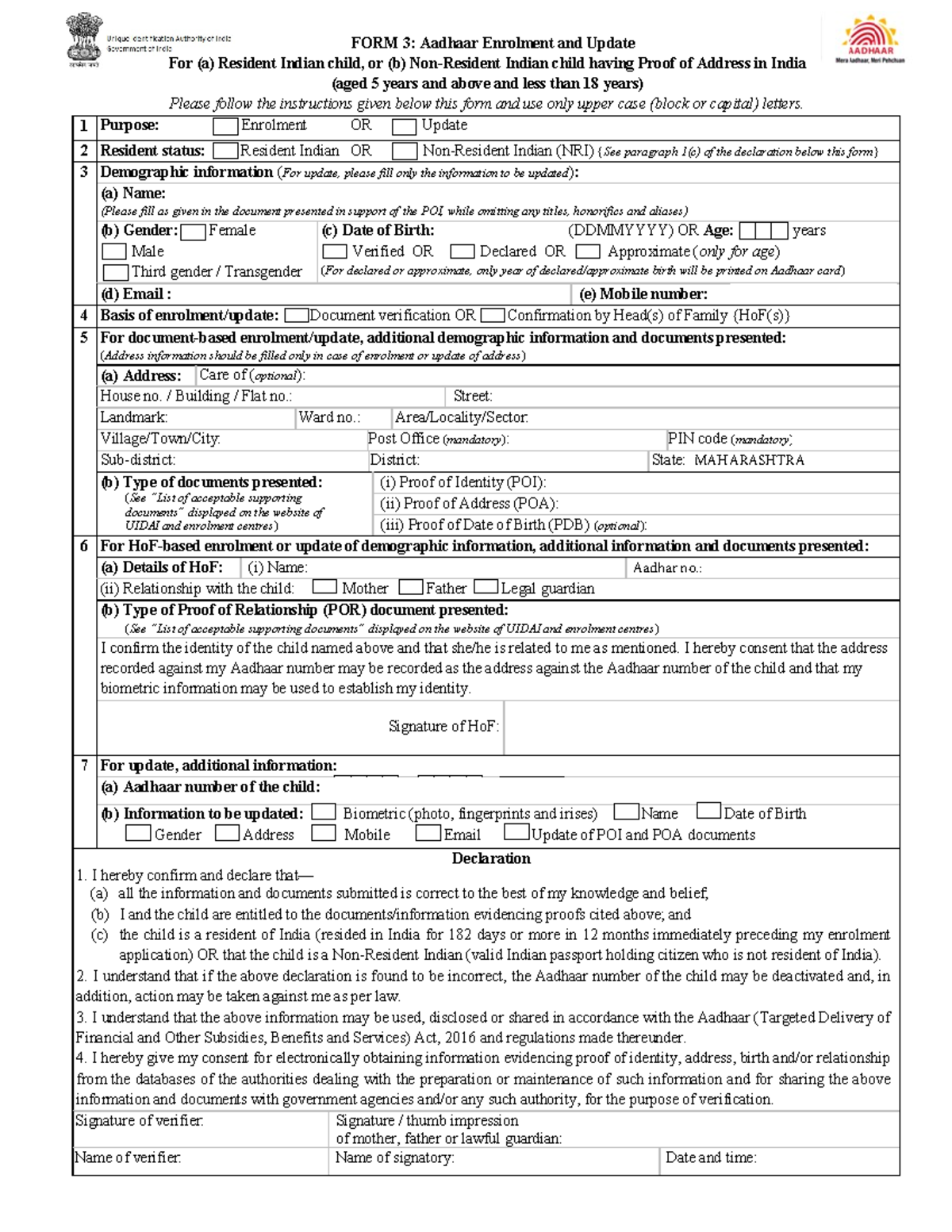 FORM 3: Aadhaar Enrolment & Update for Indian Children (5-18) - Studocu