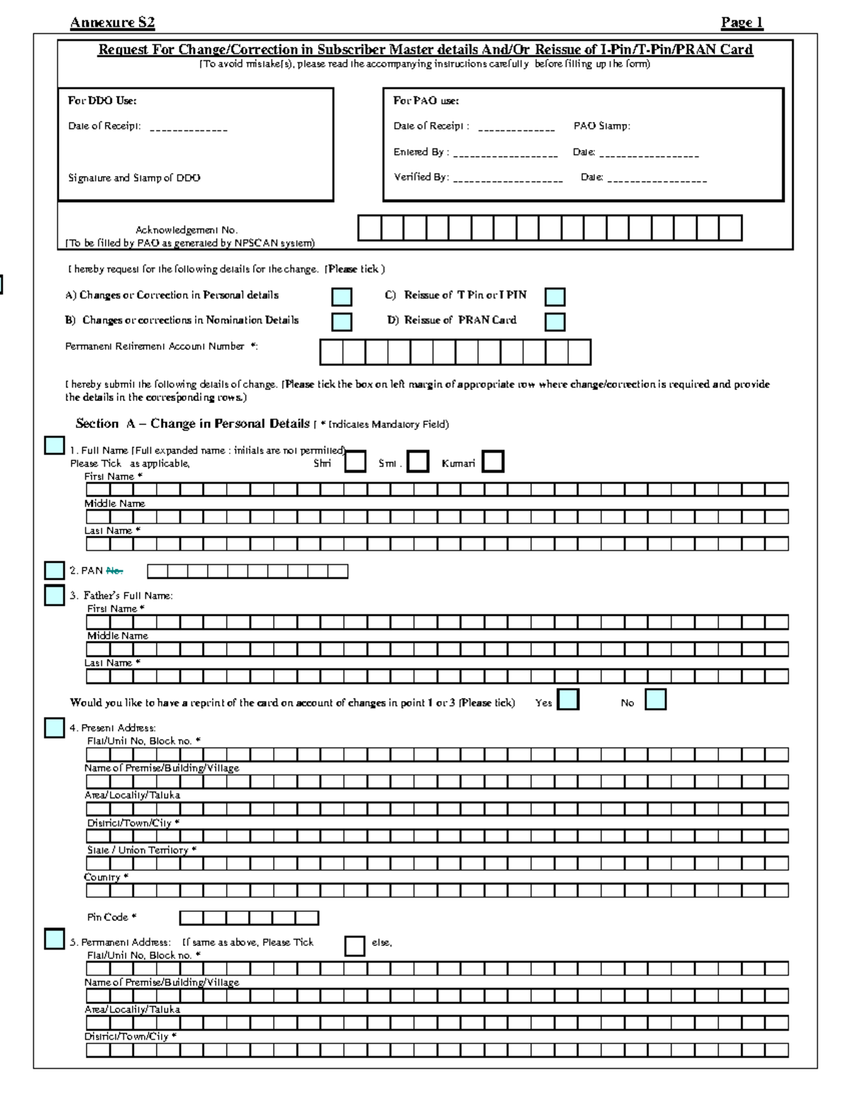 NPS Nomination Change Form - Annexure S2 for Subscriber Details Update ...