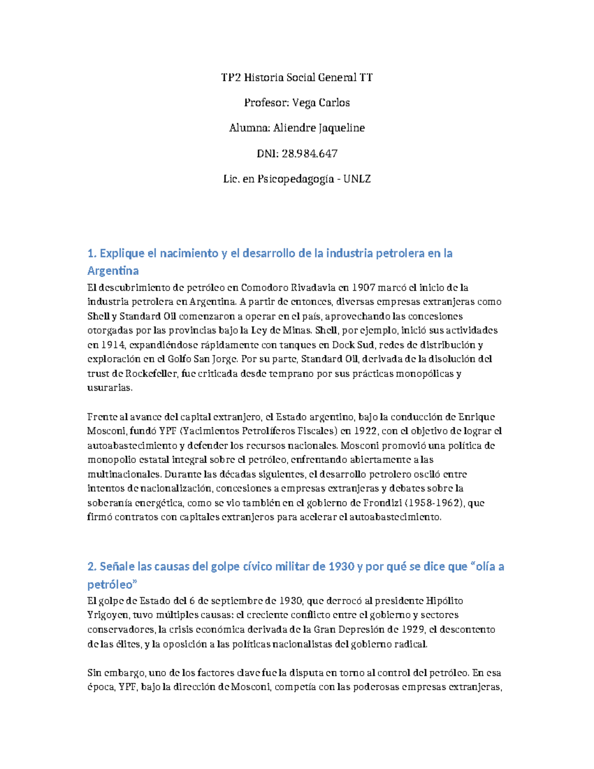 TP2 Historia Social General: Desarrollo de la Industria Petrolera en ...
