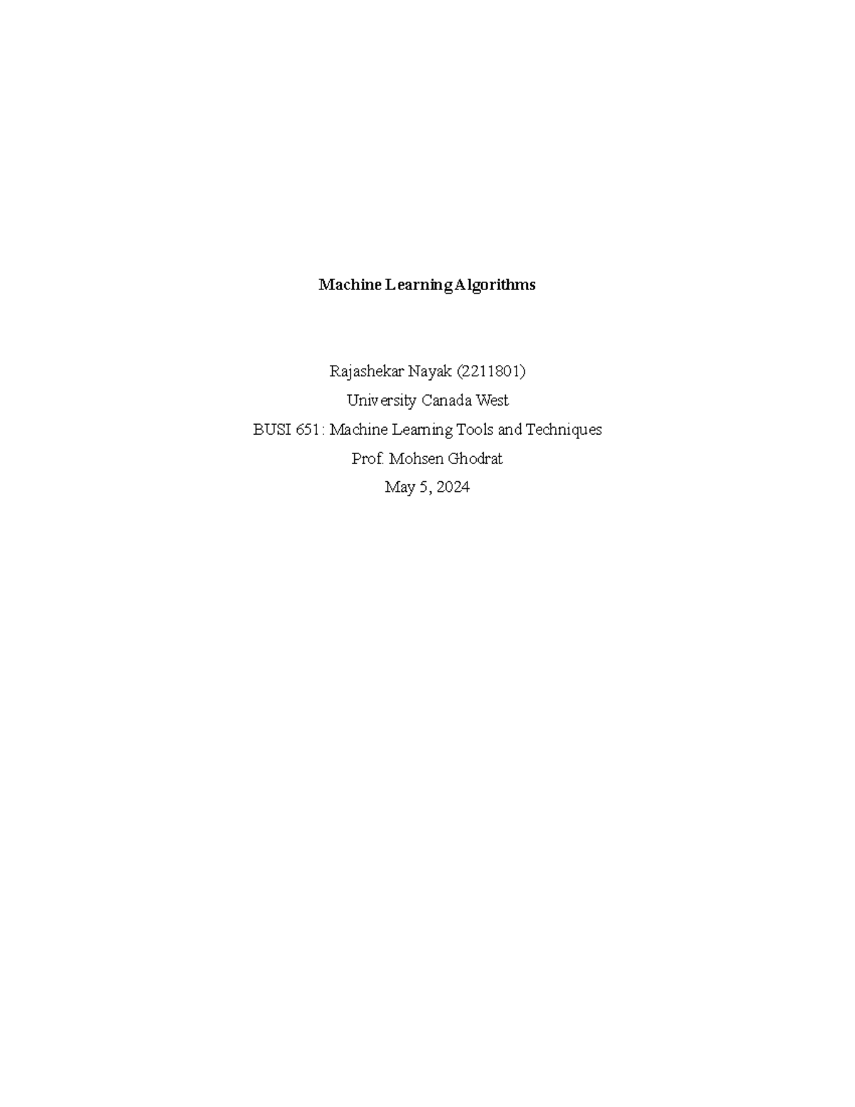 ML Individual Assignment: BUSI 651 - Machine Learning Algorithms - Studocu
