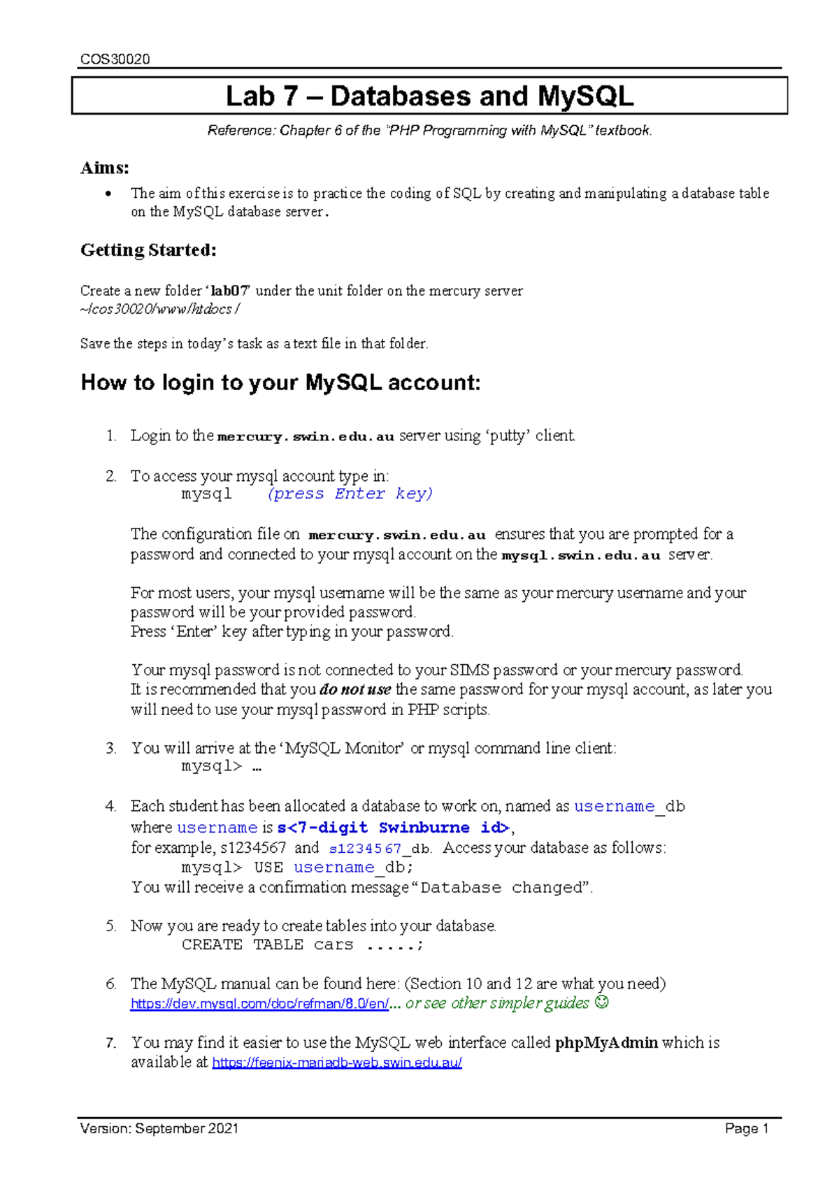 COS30020 Lab 7: MySQL Database Creation & Manipulation Guide - Studocu