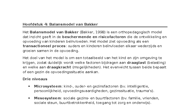 Zelfstudie Pedagogiek LW: Balansmodel van Bakker Hoofdstuk 4 - Studocu