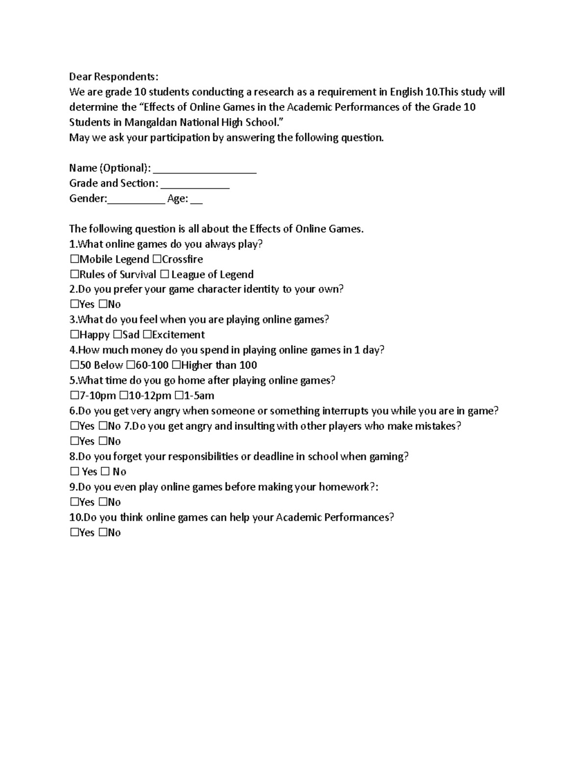 Effects of Online Games on Grade 10 Academic Performance Questionnaire ...